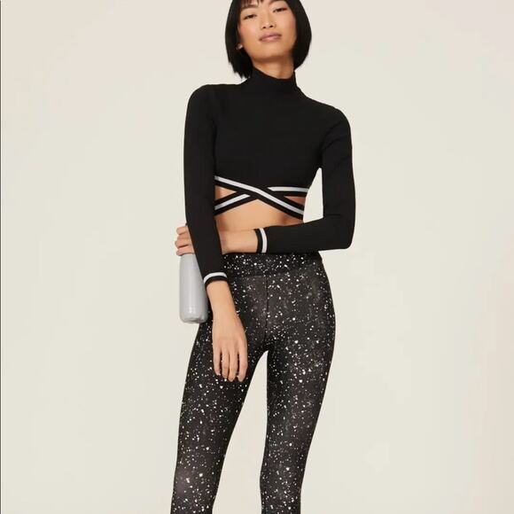 MICHI Tops - MICHI Black White Apex Ribbed cropped mock neck striped straps cutout Top MEDIUM